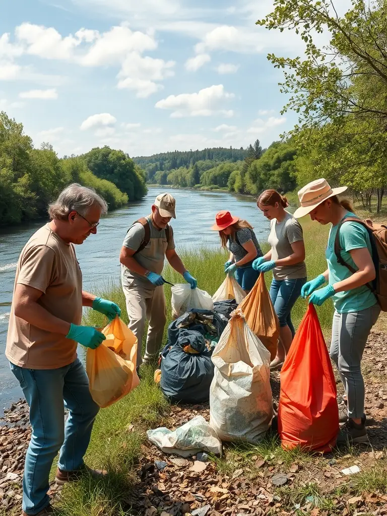 An image of volunteers cleaning up a riverbank, removing litter and debris, highlighting the organization's commitment to environmental stewardship.