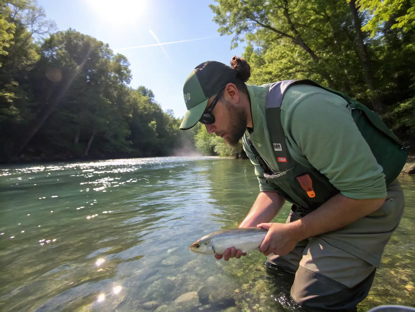 A photograph of a fisheries biologist releasing tagged fish back into a lake, as part of a monitoring program. The image should highlight the scientific aspect of conservation and the importance of data collection.