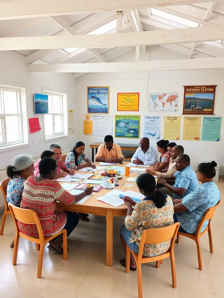 A photo of a workshop where A.A.P.P.M.A. MONCONT members are educating local anglers on sustainable fishing techniques and regulations.