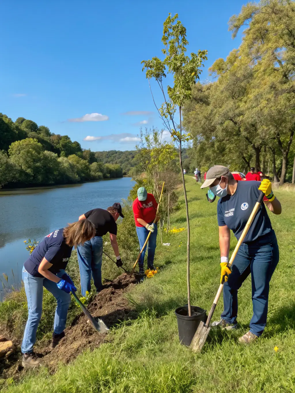 A photograph showcasing A.A.P.P.M.A. MONCONT members working on habitat restoration projects, planting native vegetation along riverbanks to improve water quality and provide shelter for fish and wildlife.