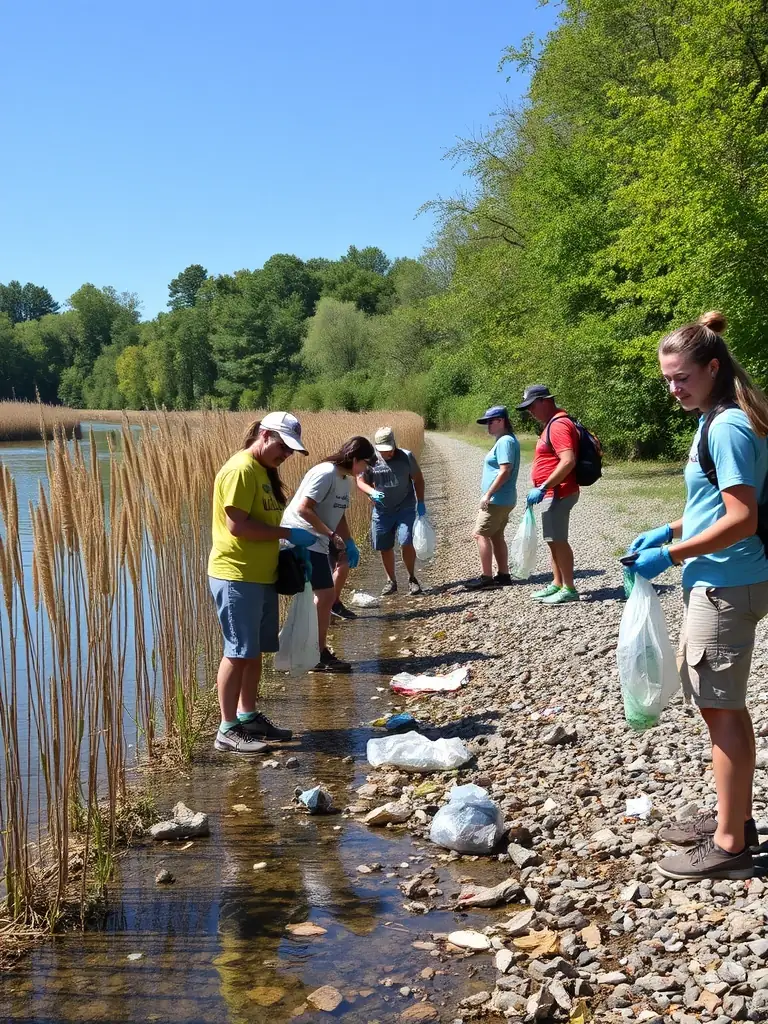 An image of A.A.P.P.M.A. MONCONT members cleaning up debris along a riverbank, emphasizing their commitment to environmental stewardship.