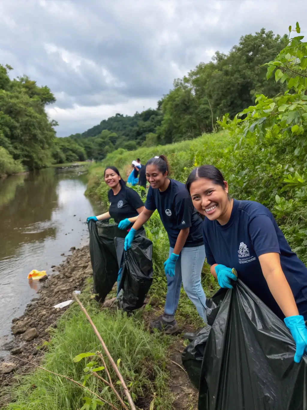 A photograph depicting volunteers from A.A.P.P.M.A. MONCONT participating in a river cleanup activity, removing debris and waste from the riverbank, showcasing their commitment to environmental preservation.