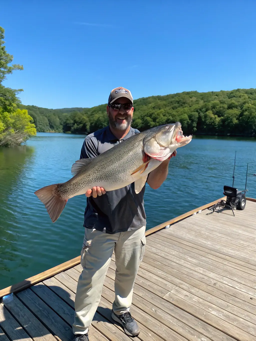 A clear, pristine lake with anglers responsibly fishing, demonstrating the sustainable fishing practices promoted by A.A.P.P.M.A. MONCONT.