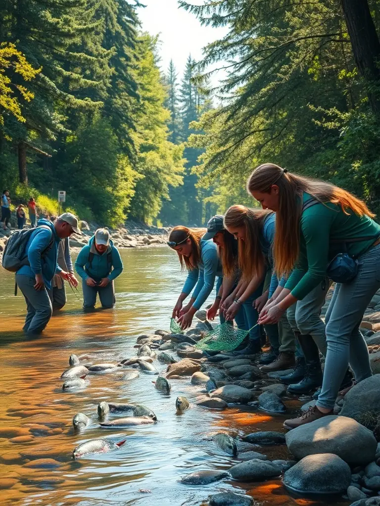 A vibrant photo of volunteers releasing juvenile fish into a clear river, showcasing A.A.P.P.M.A. MONCONT's restocking efforts.