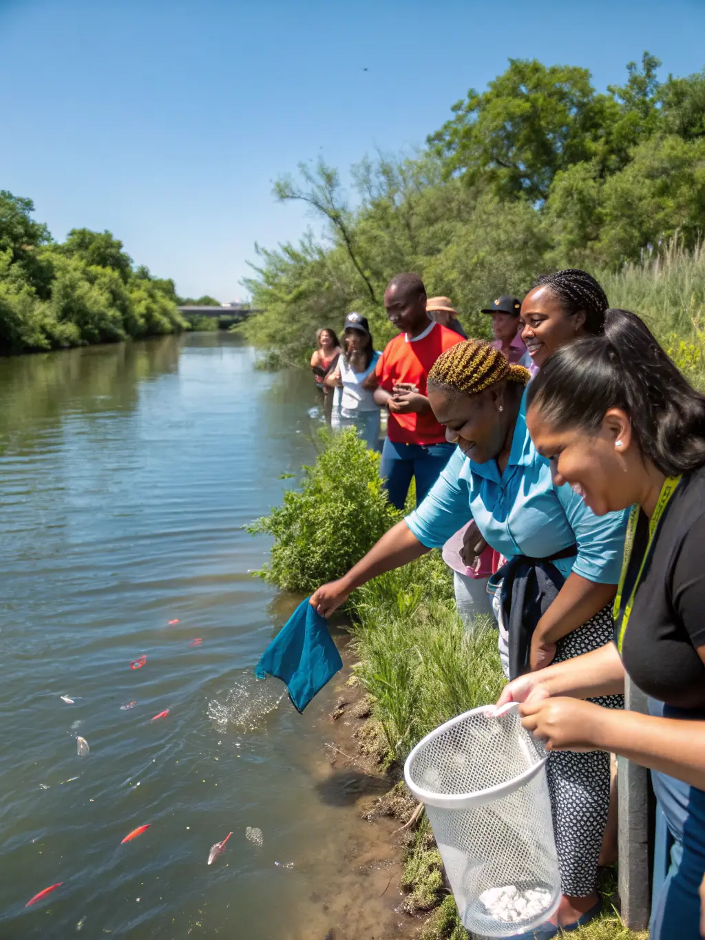 An image showing A.A.P.P.M.A. MONCONT members conducting a fish population survey in a local river, using nets and scientific equipment to assess the health and diversity of the fish community.