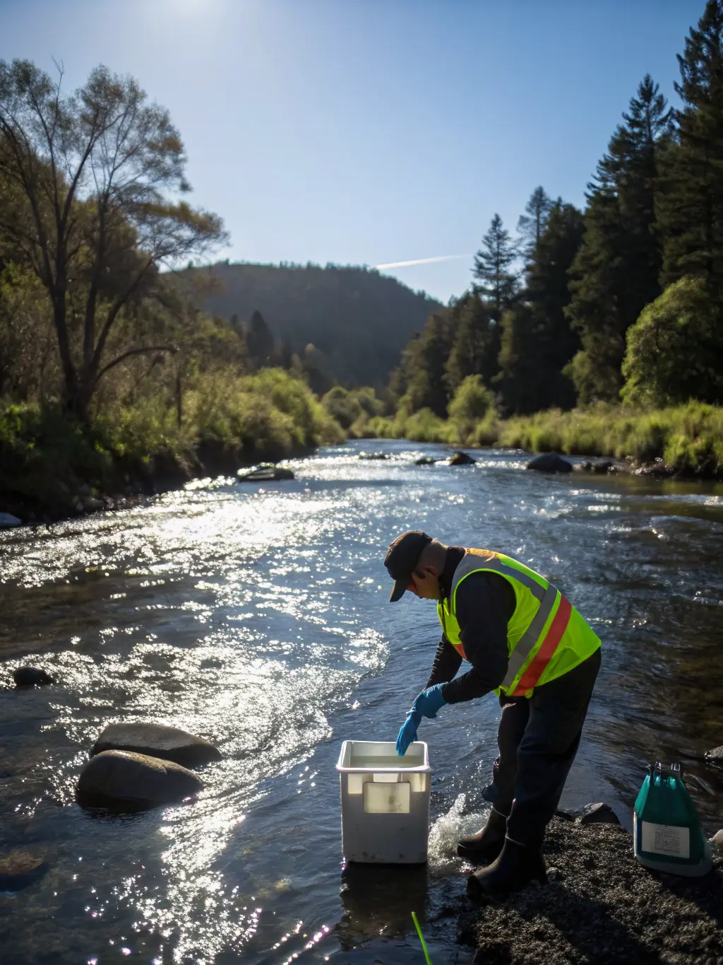A picture of A.A.P.P.M.A. MONCONT members monitoring water quality in a local stream, highlighting their scientific approach to environmental protection.