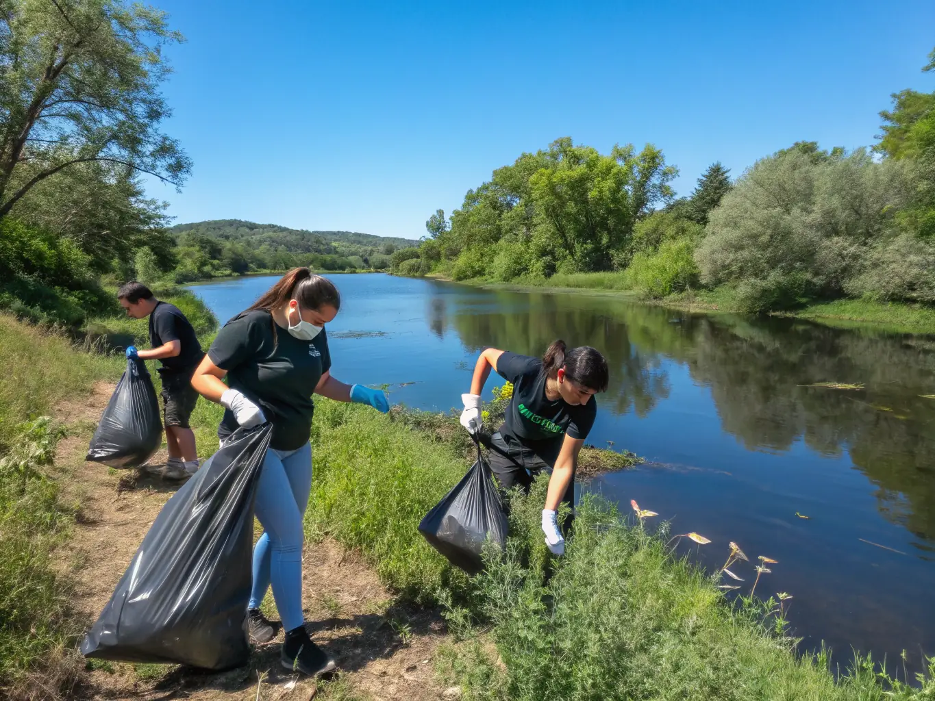 A vibrant image showcasing a group of volunteers cleaning up a riverbank, removing litter and debris to improve the habitat for aquatic life. The scene should convey a sense of community involvement and environmental stewardship.