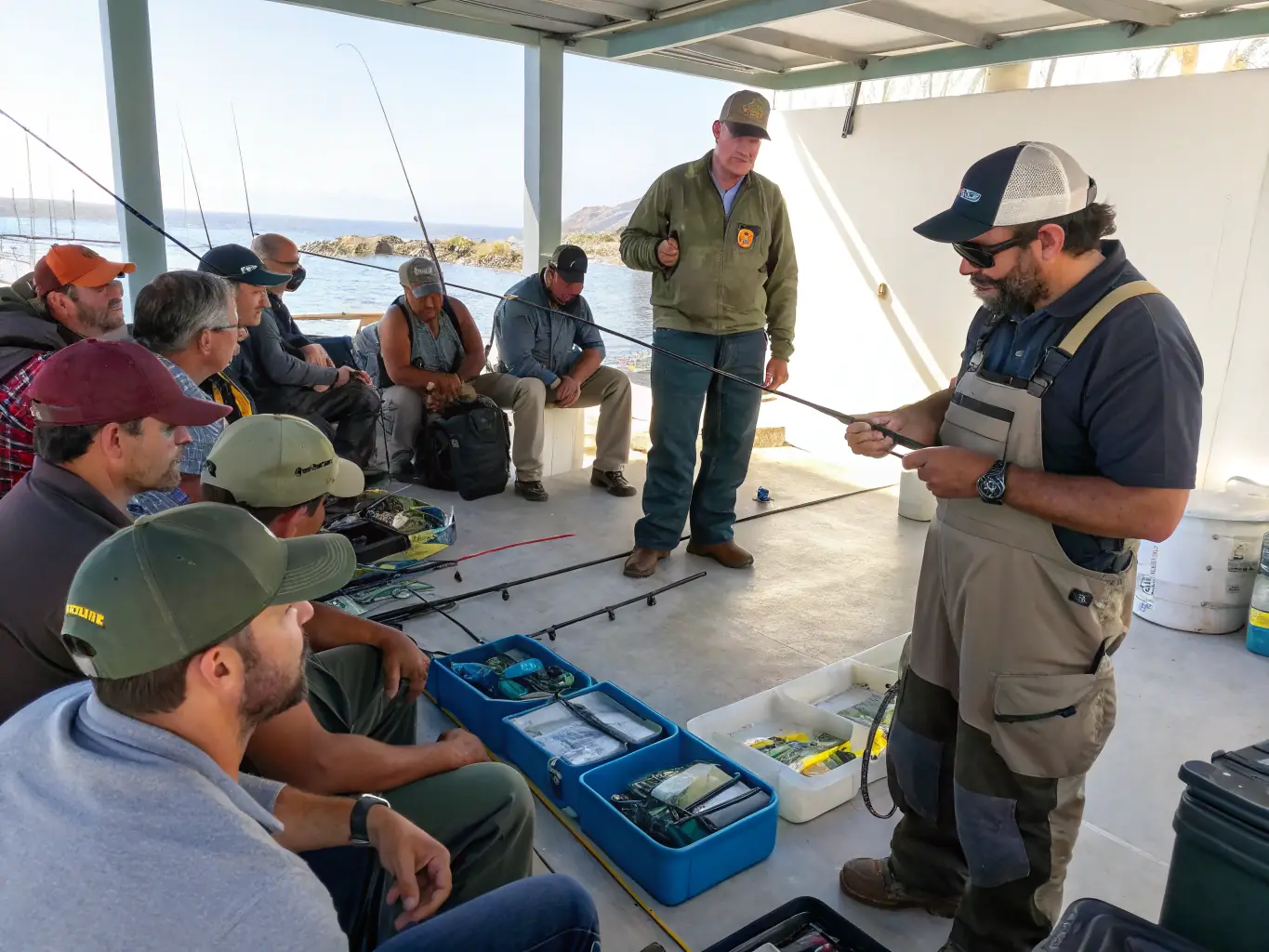 An image depicting a workshop where local anglers are learning about sustainable fishing techniques and regulations. The setting should be informal and engaging, emphasizing the importance of education.